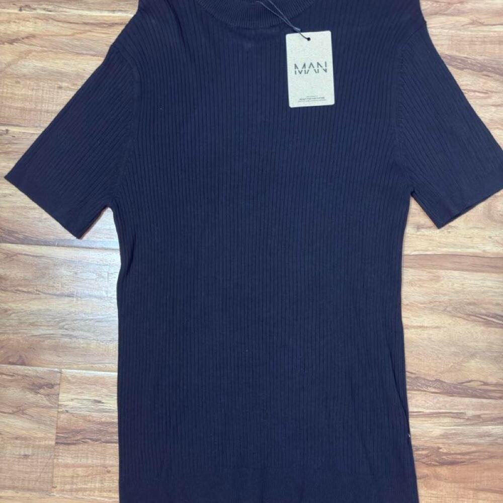 boohooMAN Mens Black Ribbed Mock Neck Knit Shirt M NWT